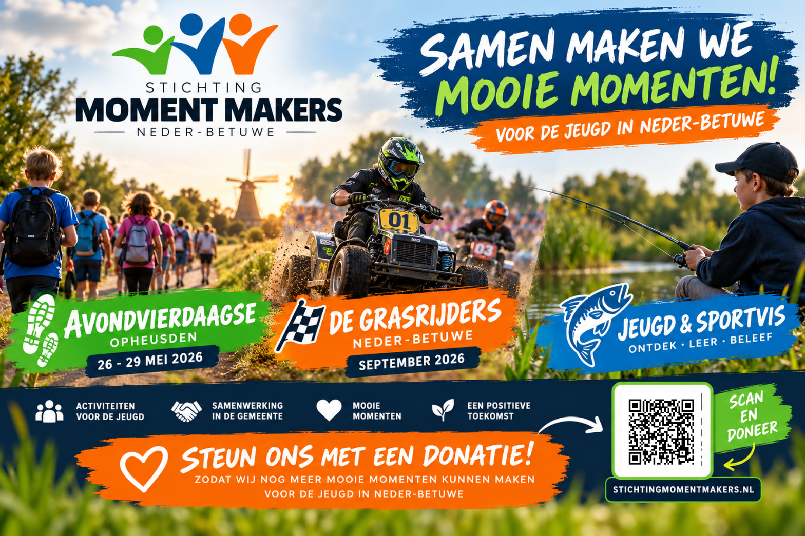 Actuele projecten van Stichting Moment Makers: Avondvierdaagse Opheusden, De Grasrijders Neder-Betuwe en Jeugd & Sportvis