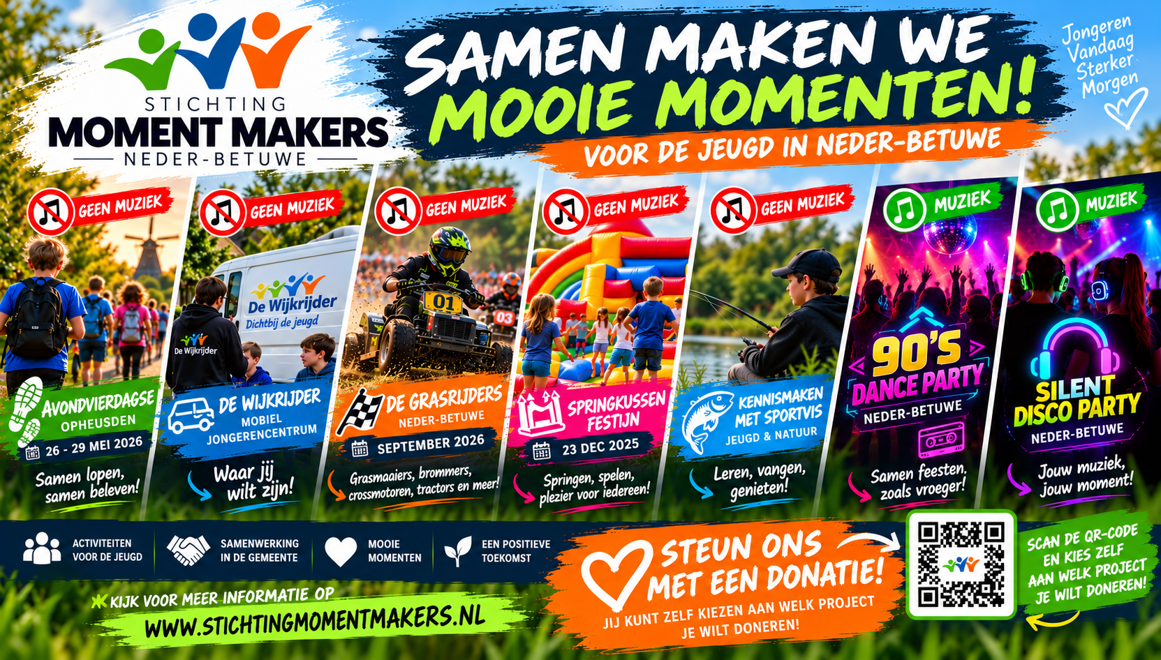 Actuele projecten van Stichting Moment Makers: Avondvierdaagse Opheusden, De Grasrijders Neder-Betuwe en Jeugd & Sportvis